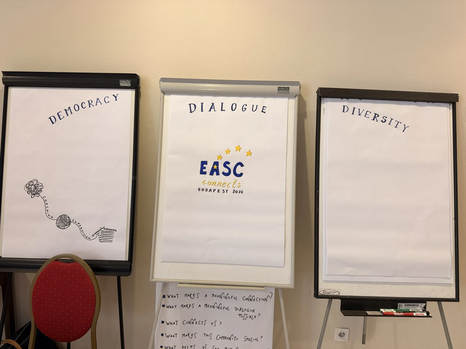 Drei Flipcharts mit den Kongressthemen Democracy, Dialogue und Diversity