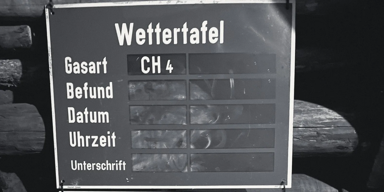 Wettertafel aus dem Steinkohlebergbau: Gasart, Befund, Datum, Unterschrift